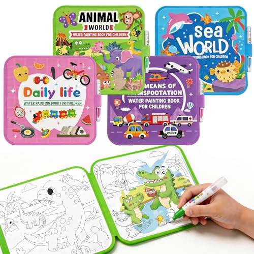 SAMZX Reusable Water Coloring Books for Toddlers 1-3 4 Pack Magic Water Painting Book for Mess-Free Coloring Travel Activity Toys & Educational Learning Kits Gifts for Kids Boys Girls Ages 3+