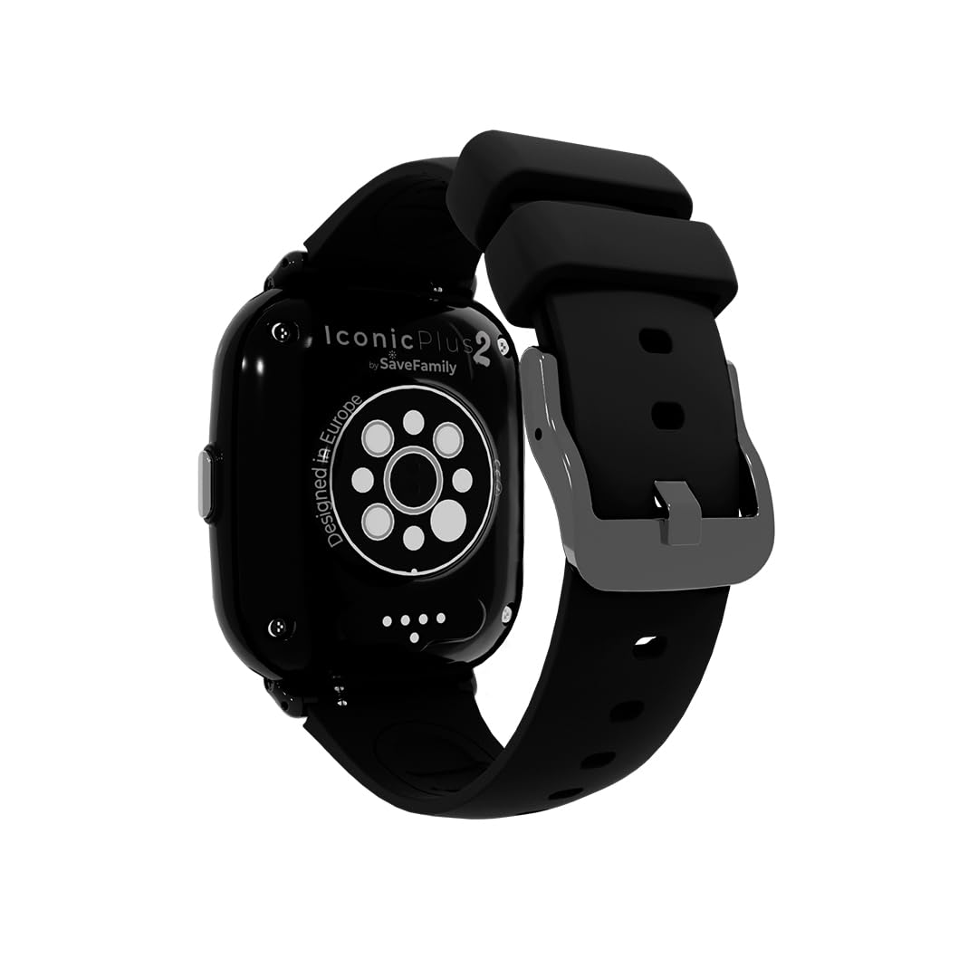 SaveFamily Iconic Plus 2. Inteligentny zegarek dla dzieci z GPS, połączeniami, rozmowami wideo, AI, SOS... Whatsapp, Spotify, miernikiem temperatury, wymiennymi paskami. (Iconic Plus 2, Gotham Black)