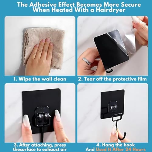 Image of Self Adhesive Wall Hooks Heavy Duty Stainless Steel - Waterproof Oilproof No Drill Hooks for Bathroom, Kitchen, Towel, Clothes, Keys & Hanging Accessories (Black, Pack of 20)