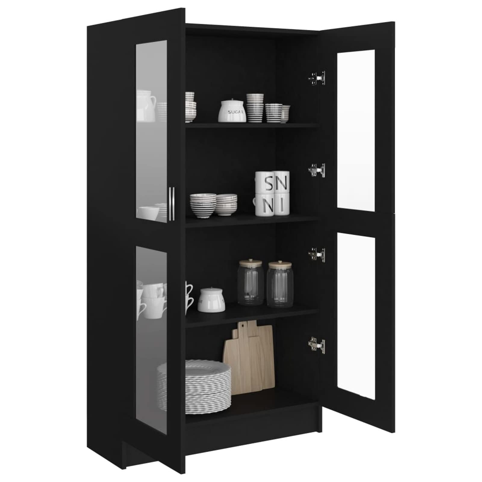 IKAYAA Armario Vitrina con 4 Compartimentos Vitrina de Cristal Vitrinas de salón Vitrinas de Exposición de Madera Contrachapada Aparador Comedor, Aparador Cocina Negro 82,5 x 30,5 x 150 cm