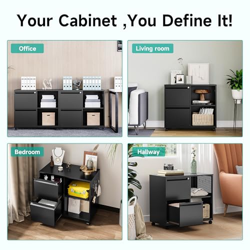 Image of SISESOL 2 Drawer File Cabinet with Lock and Shelf,Mobile Lateral Filing Cabinet,Metal Filing Cabinets with Open Storage Shelves Organizer for Home Office Fit Legal /Letter A4 Size (Black)