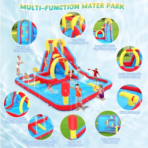 Whubefy Big Inflatable Water Slide for Kids Backyar 13.2x10FT Waterslide Bounce House Obstacle Course, 3 Pool Fountain, Splash Pool, Deep Pool Sprinkler, Blow Up Water Slides Park for Kids Party Gift