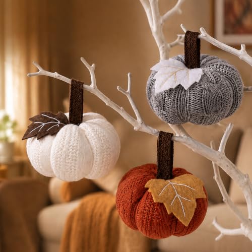 LATRAT 3 sztuki jesiennych dekoracji dyni, sztuczne dynie, dekoracja jesienna, ornamenty na Halloween, mini dynie na Halloween, mini dynia, szydełkowana, mała dynia, dekoracja domu