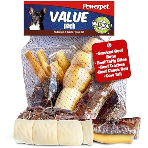 Powerpet Treats All Natural Dog Chews Value Pack - Smoked Beef Bone, Taffy Bites, Beef Trachea, Beef Cheek Roll & Cow Tail - Long-Lasting Dog Treats, Breeds & Aggressive Chewers Cover