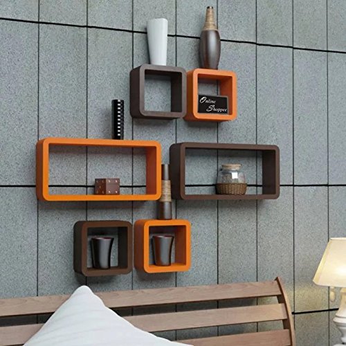 Image of Onlineshoppee Engineered Wood Cube Floating Wall Shelf (Orange) - Set of 6