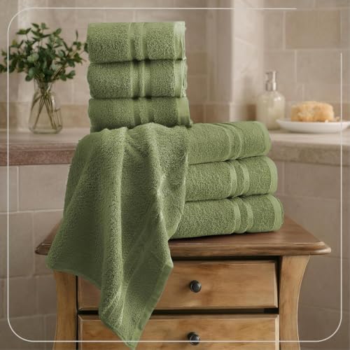 Image of 100% Cotton Terry Ultrasoft and Quick Absorbent 380 GSM Solid 6 pcs. Quick Dry Bath Towel Set for Bathroom or Gifting Towel Set (Green)