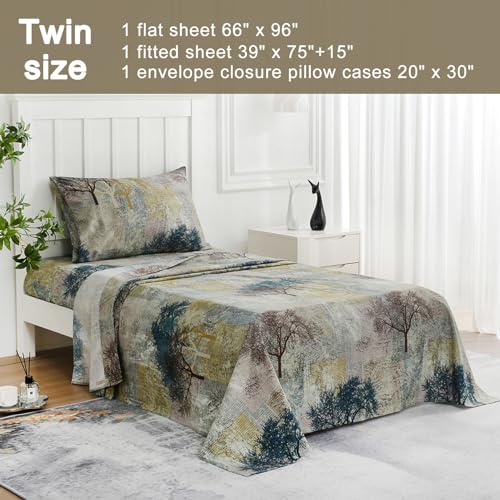 Image of JSD Rustic Tree Pattern Print Twin Sheet Set Extra Deep Pocket | 3 Piece Soft Botanical Microfiber Sheets, OEKO-TEX Certified, Easy Care