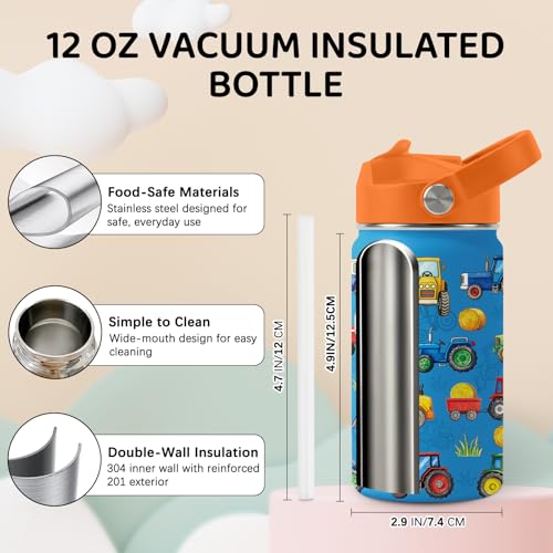Image of Tractor Water Bottle for Son & Daughter, Stainless Steel Insulated Tumbler with Straw Lid and Handle, 12oz Reusable Leak-Proof Bottle for Sports