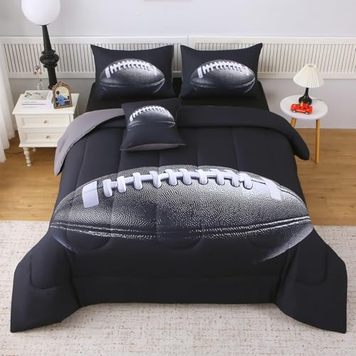 JQinHome Twin Football Themed Comforter Sets for Boys 6 Piece Bed in A Bag 3D Sport Bedding - All Season Soft Microfiber with Pillowcase Flat Sheet Fitted Sheet Cushion Cover(Rugby Black)