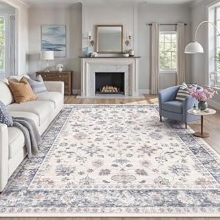 PureCozy Rugs Living Room 240x300 cm Vintage Washable Non Slip Area Rugs Retro Floral Extra Large Carpet for Bedroom Dining Room Hall Lounge Office Indoor Home Decor, Blue & White