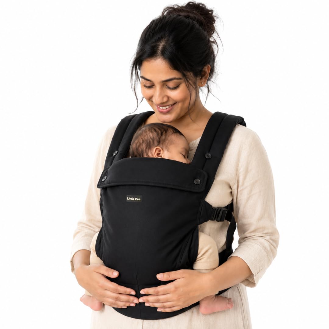 Little Pea All-Day Baby Carrier | Ergonomic & Lightweight 100% Cotton | Easy to Wear, Hands-Free Comfort with Back Support | Newborn to Toddler (3–18 kg) | Black-picture-10