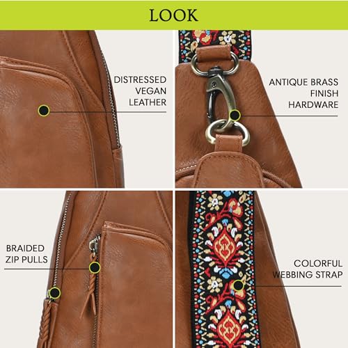 Antik Kraft Tasha Webbing Strap Sling (Tan) | Vegan Leather Crossbody Bag for Women with 16-20" Strap | Sling Bags for Women with Durable Antique Brass Hardware | 7in x 2.5in x 12.5in |4