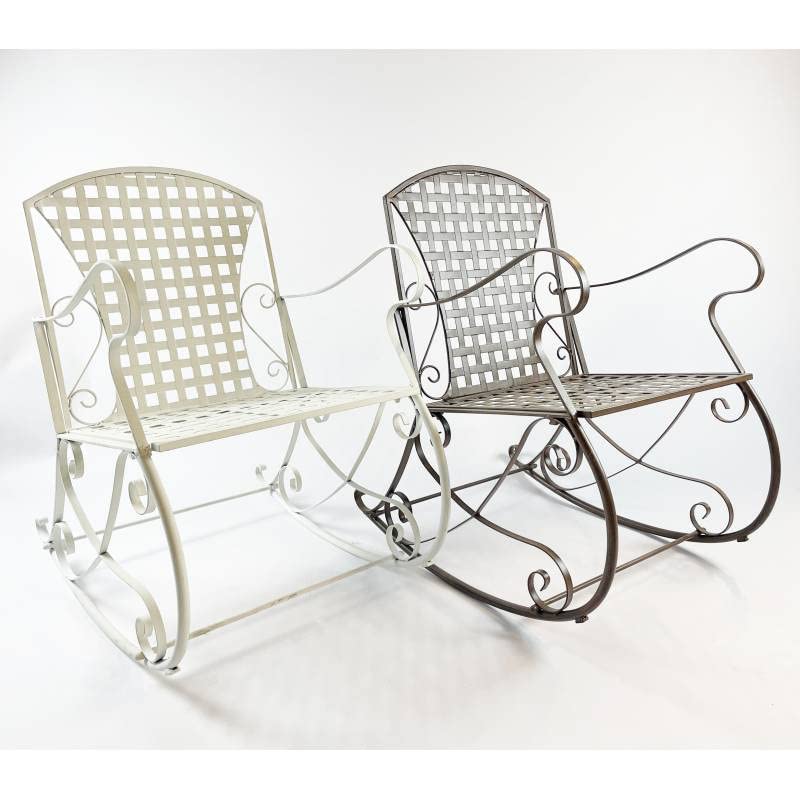 L'Héritier Du Temps Rocking Chair Louisiane Blanc Chaise Fauteuil de Jardin à Bascule Intérieur Extérieur en Métal Patiné 60x80x89cm