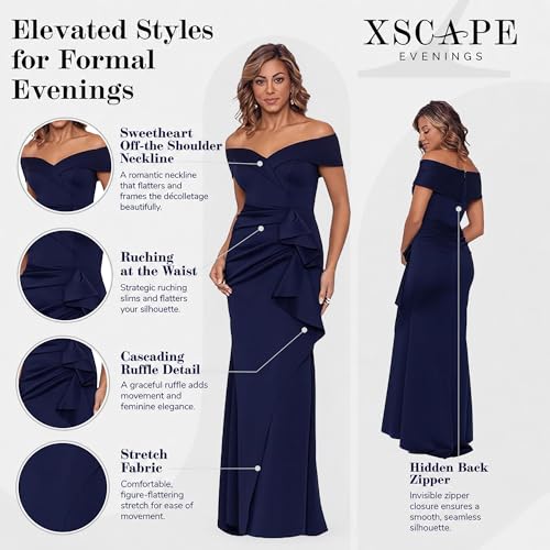 Image of Xscape Women's Long Off-the-Shoulder Sweetheart Neckline Formal Evening Gown with Ruching and Draped Ruffle Detail