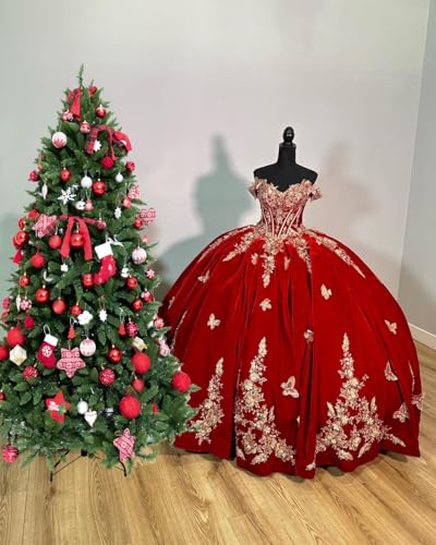 Gold Appliques Quinceanera Dresses with Butterfly Puffy Velvet Ball Gown for Sweet 15 16 YU0083