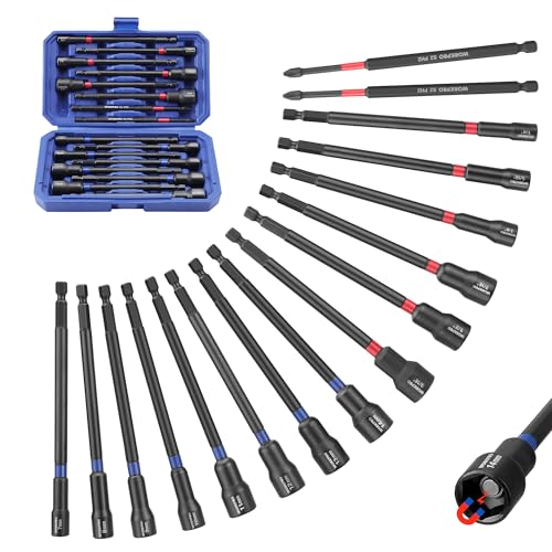 Image of WORKPRO 16-Piece Magnetic Nut Driver Set and Bit, 6 inch Long Nut Drivers, Metric & SAE Nut Drivers for Impact Drill, Long Shank Nut Driver Bits, 1 /4 inchHex Shank, Long Power Bits, PH2, with Sturdy Tool Box