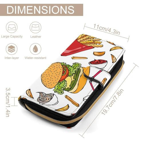 Women Soft PU Leather Wallet, Zipper Card Case Clutch Credit Bills Money Crash Coin 7.8x4.3x1.4 in Holder Purse Print Burger French Fries Donut2
