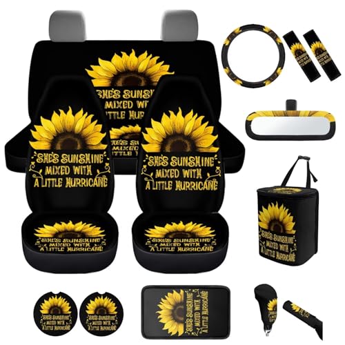ASQVTIFE Shes Sunshine Sunflower Car Accessories Set 14 Pack Sunflower Car Seat Covers Full Set with Seat Belt Shoulder Pad Auto Trash Can Bin for Back Seat Leak Proof Universal Auto Interior Sets