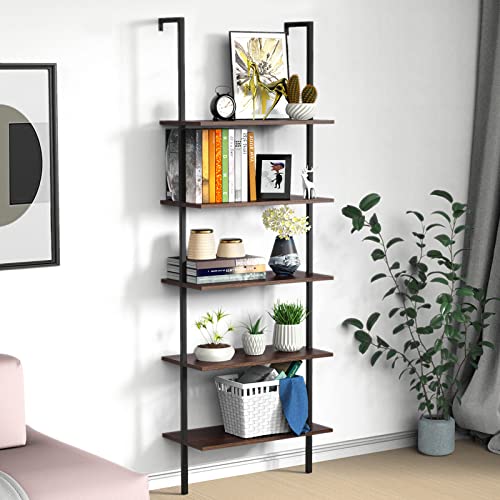 Black Friday - 70% OFF Ladder Bookshelf, UVII Industrial 5-Tier Bookshelf with Metal Frame and Wood, Wall Mounted Bookcase Open Shelf Organizer for Home Office, Bedroom and Living Room, Dark Walnut