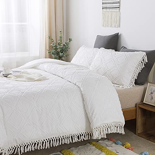 Brandream White Comforter Sets Tassel Fringed Clip Jacquard Bohemian Bedding Sets Ruffle Boho Teen Girls Tufted Comforters Diamond Pattern (Queen 3 Pcs) #TOP16