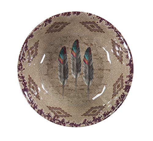 Image of Paseo Road Tossed Feather 14 Piece Melamine Plastic Western Dinnerware Set, Orange Tan Brown Teal Aztec Tribal Print, Southwestern Rustic Dish Set with Plates, Bowls, Serving Dish