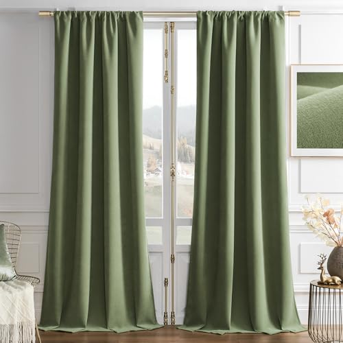 Image of Joydeco Coconut Green Velvet Curtains 90 Inch Curtains 2 Panels Set, Thermal Insulated Room Darkening Curtains for Bedroom Living Room, Soft Luxury Curtains Rod Pocket, 52W x 90L