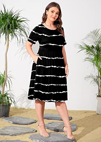 Image of POSESHE Womens Plus Size Summer Dress 2026 Casual Short Sleeve Empire Waist Loose Fit Swing T-Shirt Dress with Pockets