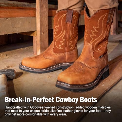 Image of Showave Steel Toe Cowboy Boots for Men Western Square Toe Work Boot Full-grain Leather Safety Boots with Hazard Protection for Construction Manufacture Farming