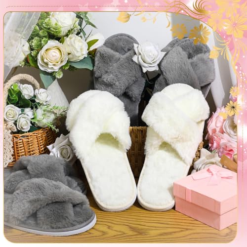 Image of JenPen 7 Pairs Bridesmaids Slippers Women's Cross Band Fuzzy Bachelorette Party Slippers for Wedding Bridal Party
