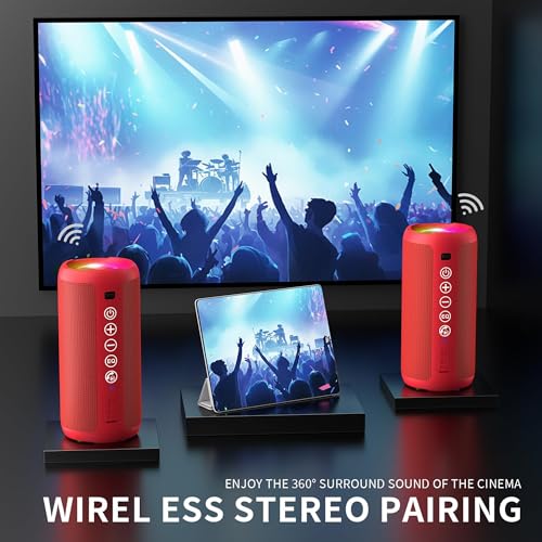 Image of Ortizan Portable Bluetooth Speaker: IPX7 Waterproof, 24W Loud Sound, Deep Bass, Bluetooth 5.3, LED Lights, Wireless Stereo Pairing, 30H Playtime, for Home /Outdoor /Party /Beach, Birthday Gift (Red)