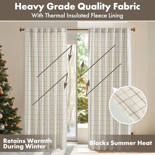 Image of Madison Park Anaheim Cabin Plaid Curtain Window, Thermal Insulated Fleece Lining, Living Room Decor Room Darkening Drape for Bedroom, 1-Single Panel, 50x95, Rod Pocket & Back Tab, Natural (Pack of 4)