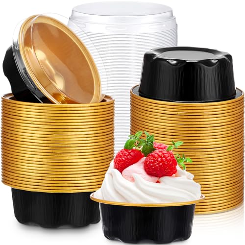 Eaasty 150 Pcs Baking Cups with Lids, 1.6 oz Muffin Cupcake Liners Aluminum Foil Mini Cake Pans Small Disposable Ramekins Flan Containers with Lids for Christmas, Birthday, Various Holiday(Black Gold)