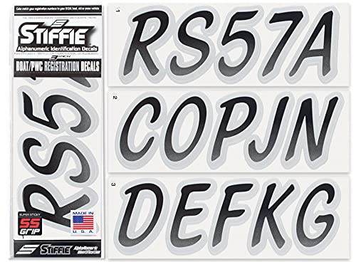 Image of STIFFIE Whipline Black /Silver Super Sticky 3 inch Alpha Numeric Registration Identification Numbers Stickers Decals for Sea-Doo Spark, Inflatable Boats, Ribs, Hypalon /PVC, PWC and Boats.