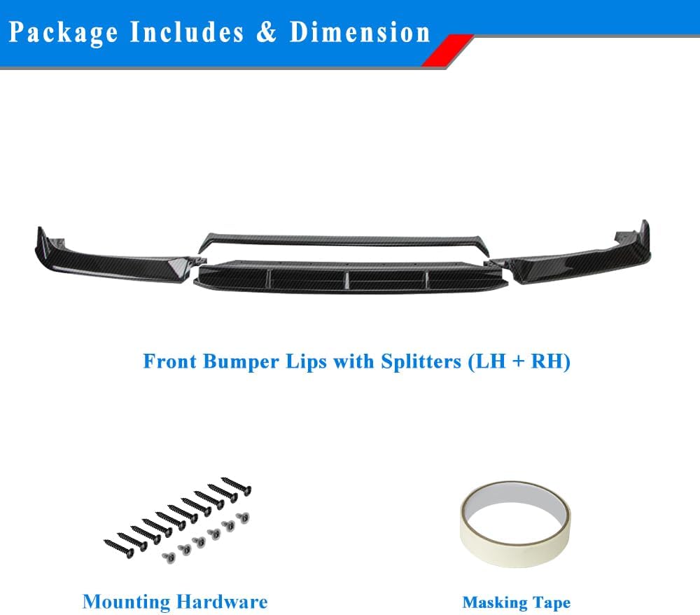 Carbon Fiber Look Front Lip Spoiler Compatible with 2018-2020 Honda Accord 10th Gen Front Bumper Lip, Exterior Body Kit (4-Piece Sporty Style)