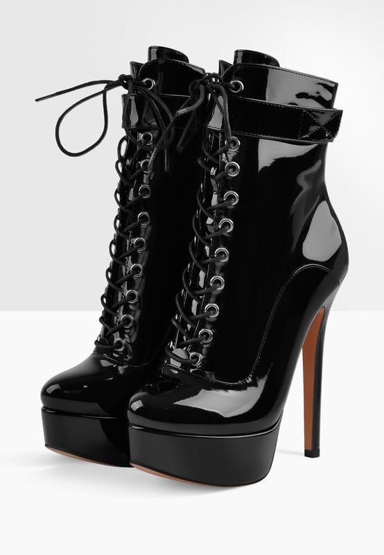 Only maker Damen Schnürboots Plateau Stiletto Combat Boots | Schnürstiefeletten, Lack Absatzschuhe, Plattform High Heels Stiefeletten, Metallic, mit Reißverschluss