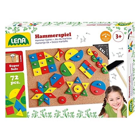 Lena 65827 Standard, 72 Parts in 9 Colourful Shapes, Base Plate Made of Cork Approx. 28 x 19.5 cm, Nails, Knocking Children from 3 Years, Hammer Game, Multicoloured Cover