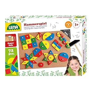 Lena 65827 – Hamertje-tikspel standaard, spel met spijkers en 72 gekleurde onderdelen in 9 vormen, kurkbord, ca. 28 x 19…