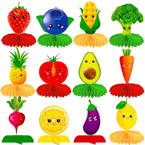 12Pcs Vegetable & Fruit Theme Honeycomb Centerpieces Funny Fruit and Vegetable Centerpieces for Table Farmer Market Birthday Party Decorations Summer Fruit Garden Party Baby Shower Supplies