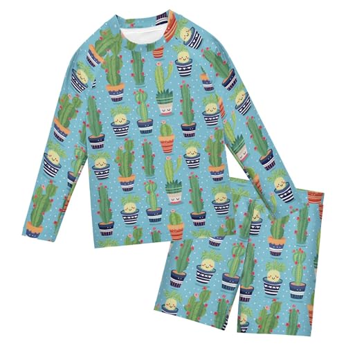 Cactus Cute Boys Rash Guard Swimsuits Set for Boys Long Sleeve Swim Shirts Bathing Suits with Trunks B0402402