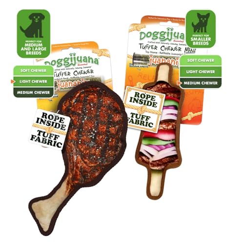 Image of Doggijuana Tomahawk Steak & Grilled Kebab Dog Toy Bundle | 2 Pack, Squeaky | Refillable squeaky plush dog toy + organic calming catnip; eases anxiety, stress & storms; drug-free, hand-harvested
