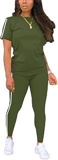 Women's 2-Piece Striped Sweatsuit Set, Short Sleeve Top & Long Pants, Comfortable Casual Lounge Wear
