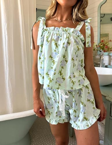 Women Floral Tie Shoulder Pajamas Set Hydrangea Ruffle Bride Pjs Sleeveless Tie Up Tops Shorts Casual Outfits4