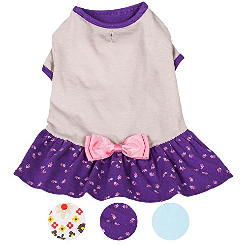 Blueberry Pet Orchid & Grey Bow Cotton Dog Dress, Back Length 14", Pack Of 1 Clothes For Dogs #TOP6