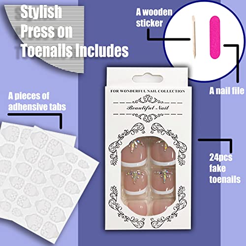Yosomk French Tips Press On Toenails White Square Toe Nails Tips Rhinestone Full Cover Glue On Toe Nails Nude Pink Toe Nails Fake Nails Summer False Toe Static Nails For Women 24Pcs #TOP2