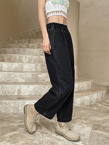 Image of Shasmi Girl's & Women's Denim Cotton Elastic Waist Cropped Straight Ankle Length Wide Leg Casual Baggy Jeans for Women, Trousers Pant for Women (Jeans 239)