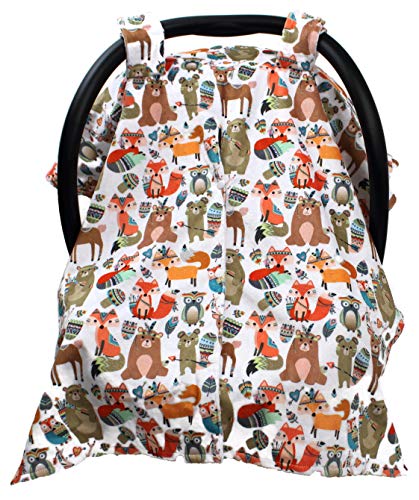 Image of Dear Baby Gear Deluxe Baby Car Seat Canopy Cover, Tribal Woodland Forest Animals, Dot, White
