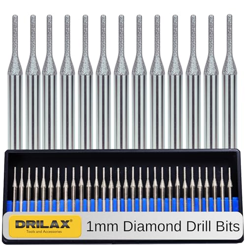 Drilax 30-Piece 1mm Diamond Drill Bits Set – 1/8″ Shank Compatible with Dremel Rotary Tools – Precision Diamond Dremel Bits for Stone, Glass, Ceramic, Sea Glass, Gemstones, Shells & Jewelry Making