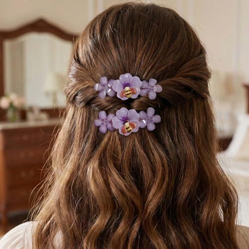 Image of Alvero Premium Acrylic Flower Hair Pin with Bee Design, Floral Designer Hair Clips for Women & Girls, Lightweight, Strong Grip Side Pin, Decorative Hair Accessory for Wedding & Party (Pack of 2 Piece, Blue)