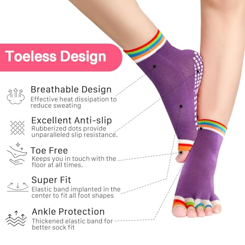 Women's Toe Separator Yoga Socks 5-Pack - Non-Slip Grips, Barefoot Pilates Socks with Open Toes, Breathable Cotton for Barre, Dance, Studio - Fits US 5.5-9.5 + Storage Bag2
