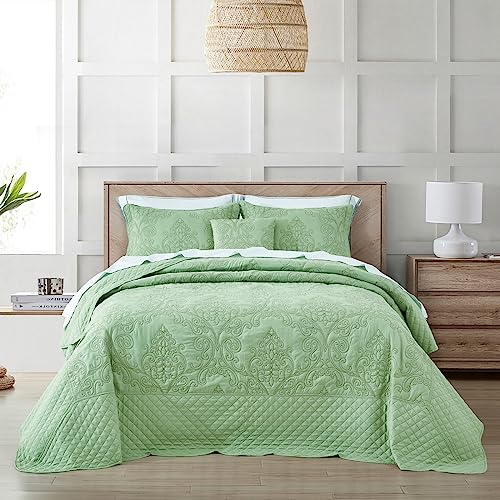 Image of CHIXIN Bedspread Coverlet Quilt Set Full Size - Lightweight Bedding Cover - Beautiful Stitching - 5 Piece Reversible Bedspread - Luxury Damask Paisley Pattern (Full, Peak Green)